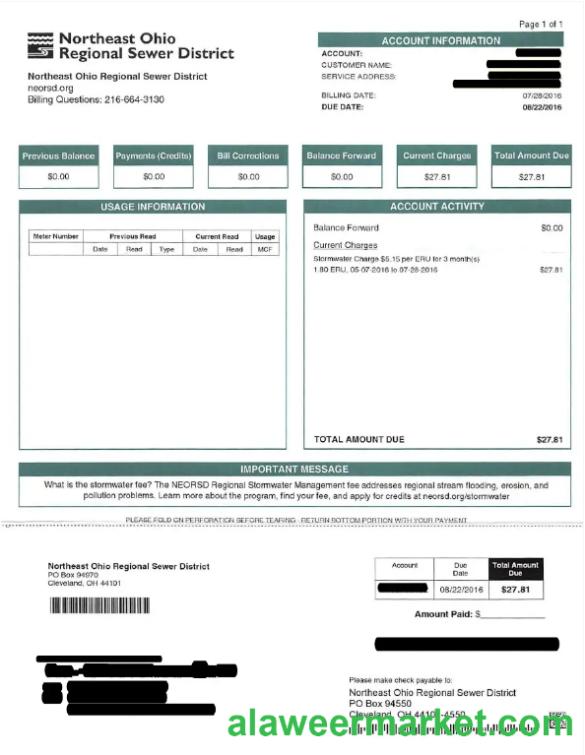 USA NRTHEAST OHIO REGIONAL SEWER DISTRICT utility bill Word and PDF template